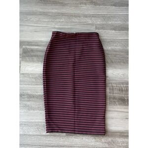 Forever 21 Maroon Black Striped Tight Midi Skirt S Zip Stretch E6
